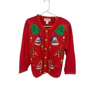 Vintage Victoria Harbour Red Sequins Bells Cardigan Sweater Embroidered Sz L